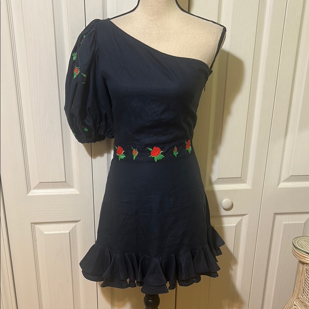 Fanm Mon Navy Blue Linen One-Shoulder Dress with Floral Embroidery